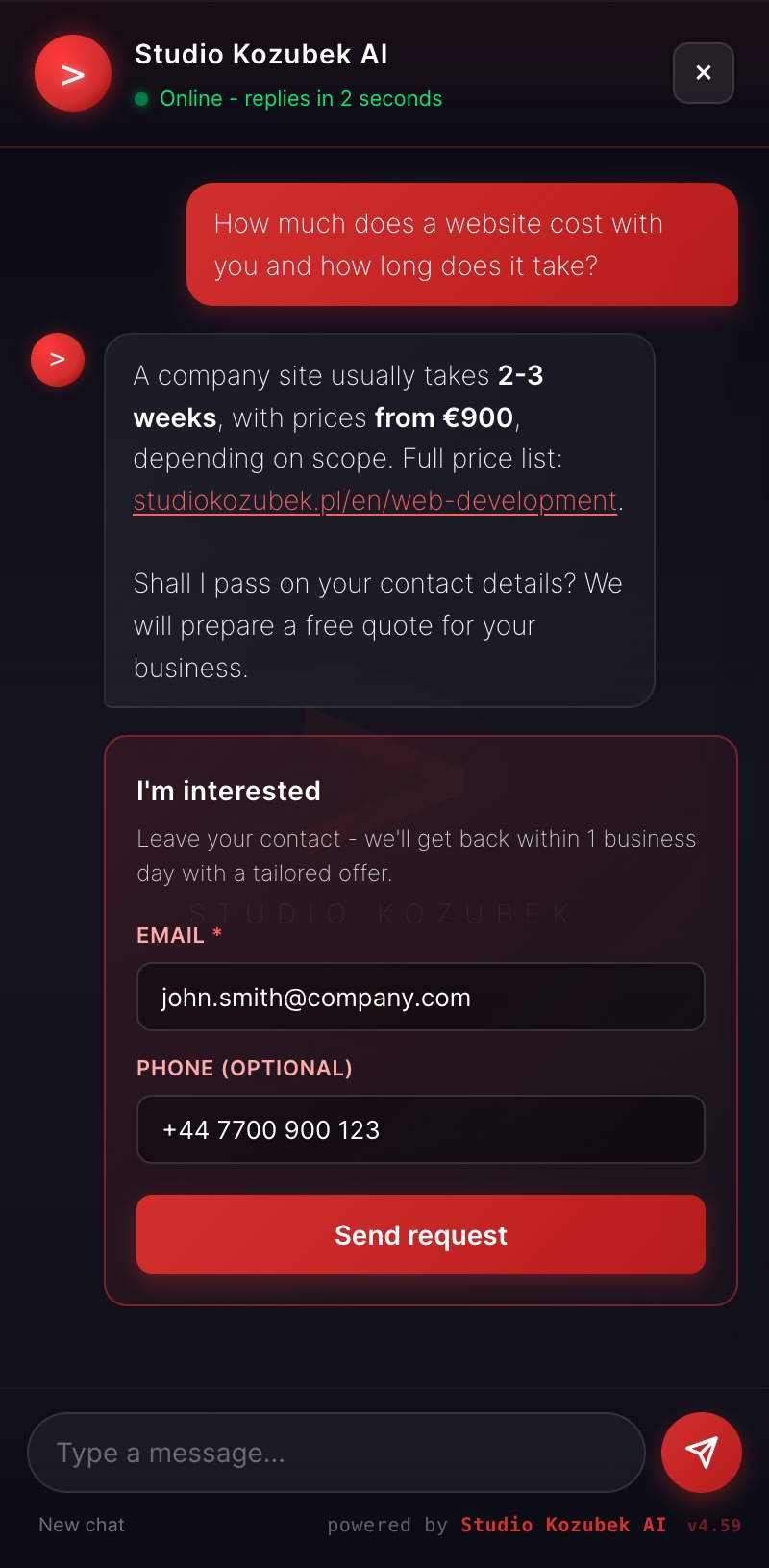 A sample conversation with an AI chat: a question about website cost, a specific answer with a link to the price list and a contact form with email and phone fields
