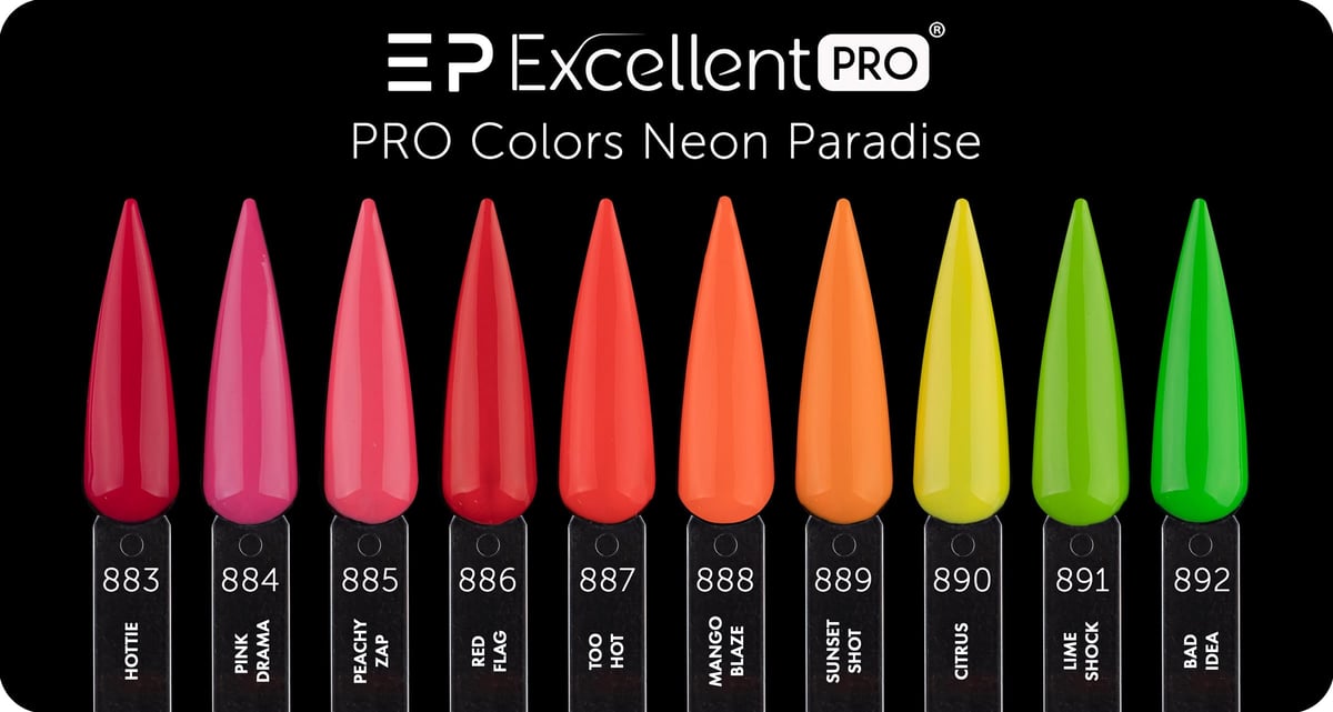 Excellent PRO Neon Paradise colour chart - all shades on one graphic