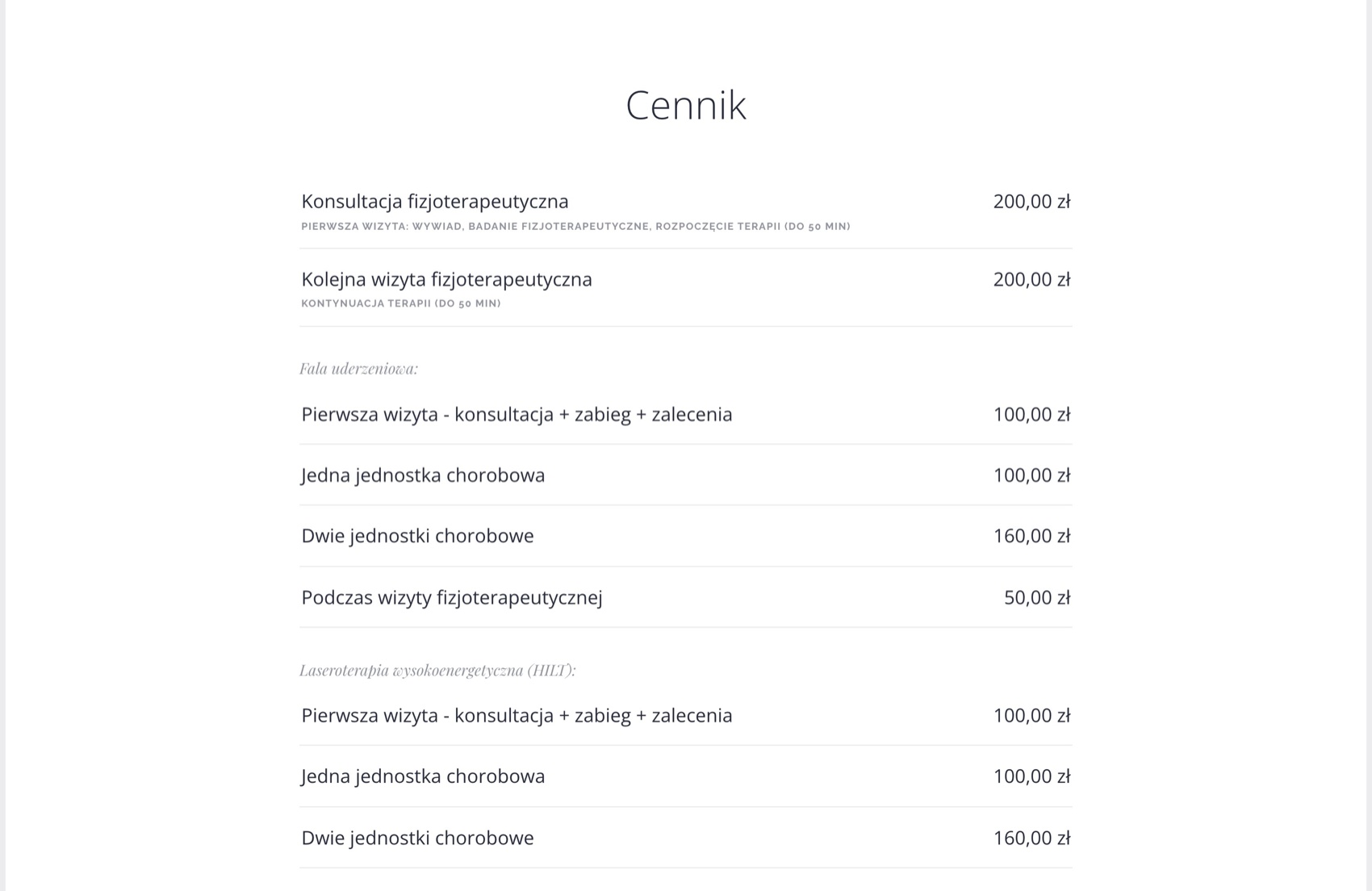 Holistic Rehabilitacja - an open price list of treatments