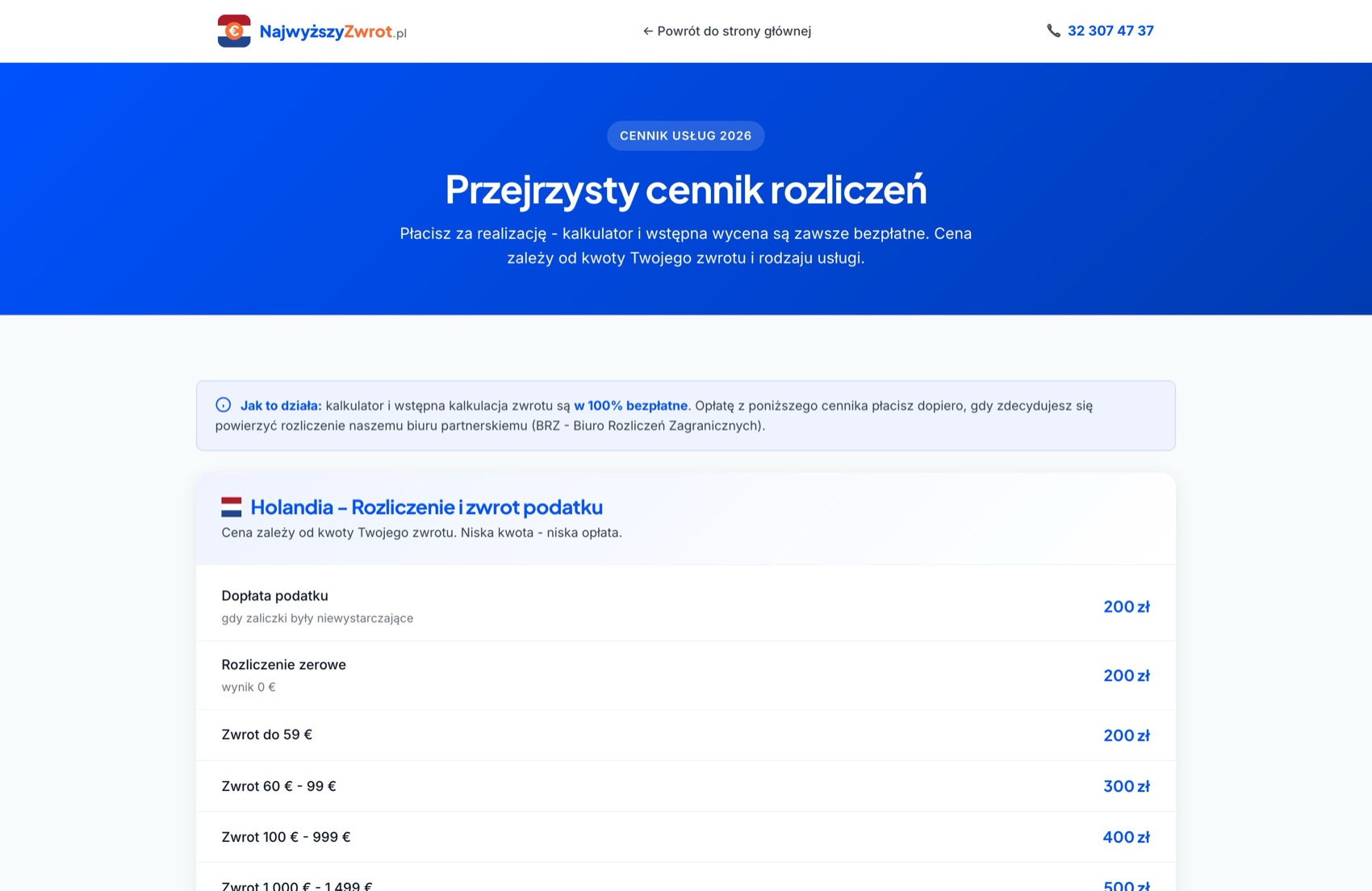 NajwyższyZwrot.pl - przejrzysty cennik usług rozliczenia