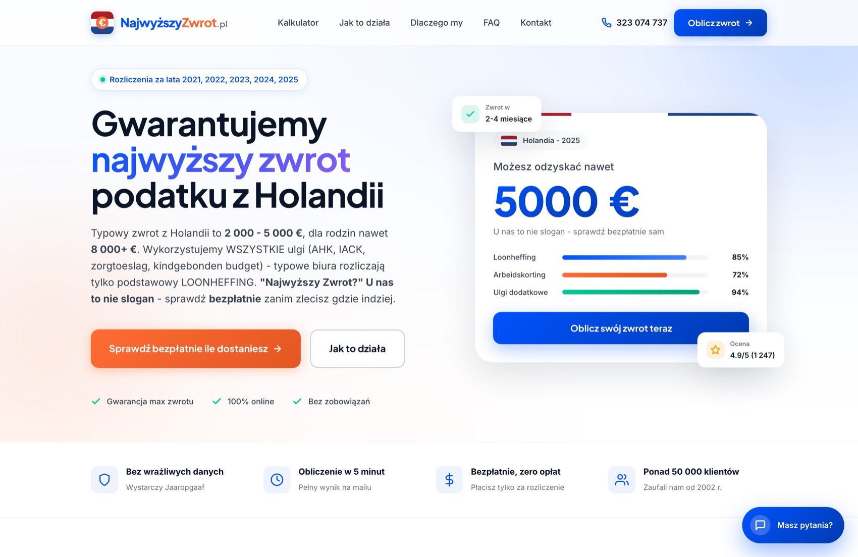 NajwyższyZwrot.pl - kalkulator zwrotu podatku z Holandii z szacowaną kwotą